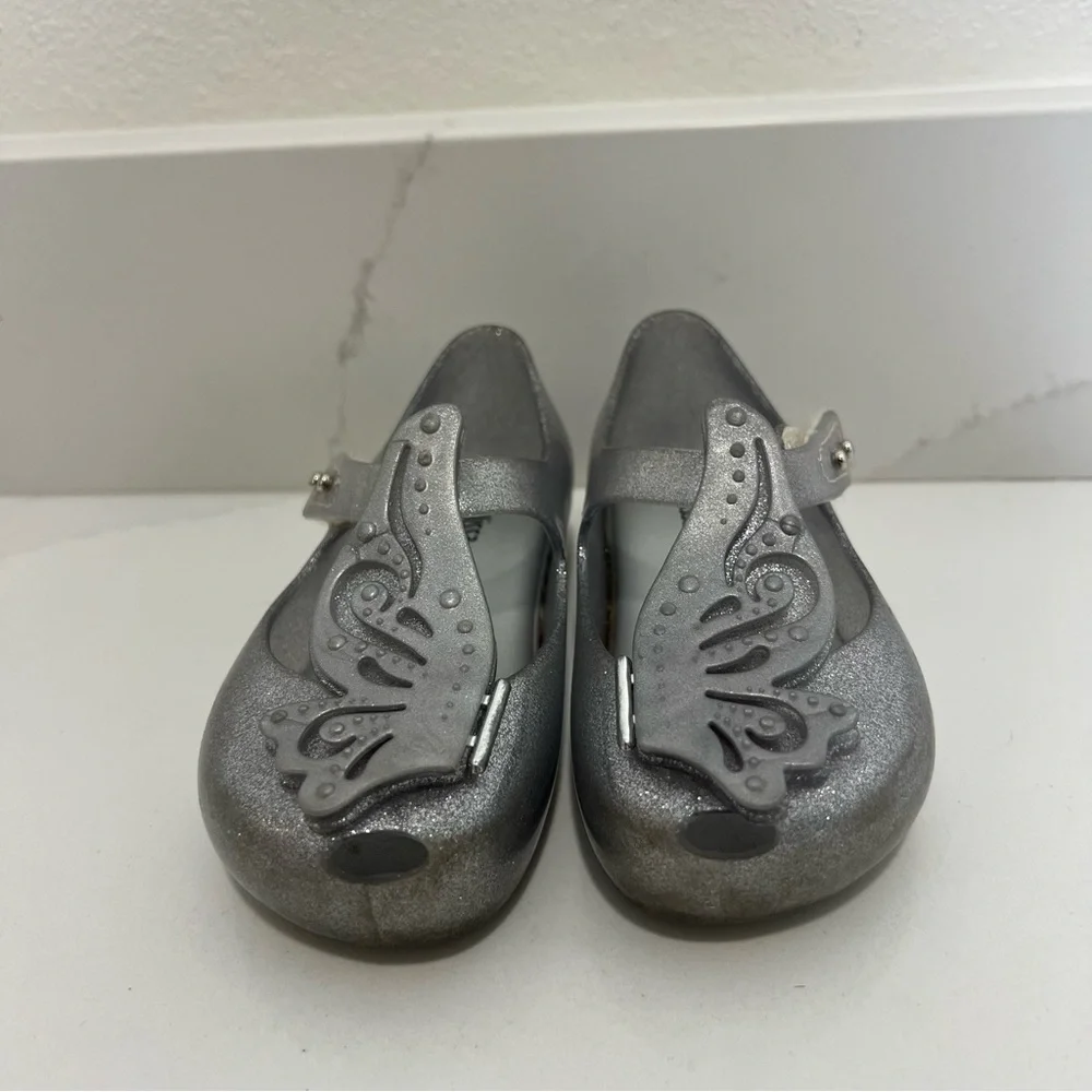 Mini Melissa Kids' Silver Glitter Shoes with Butterflies size 9